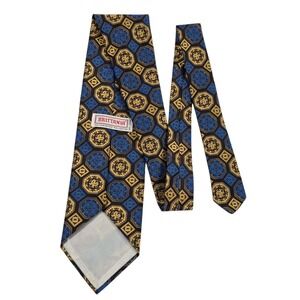 Vintage BRITTANIA Men's Silk Blend Geometric‎ Pattern Necktie Blue Gold Retro